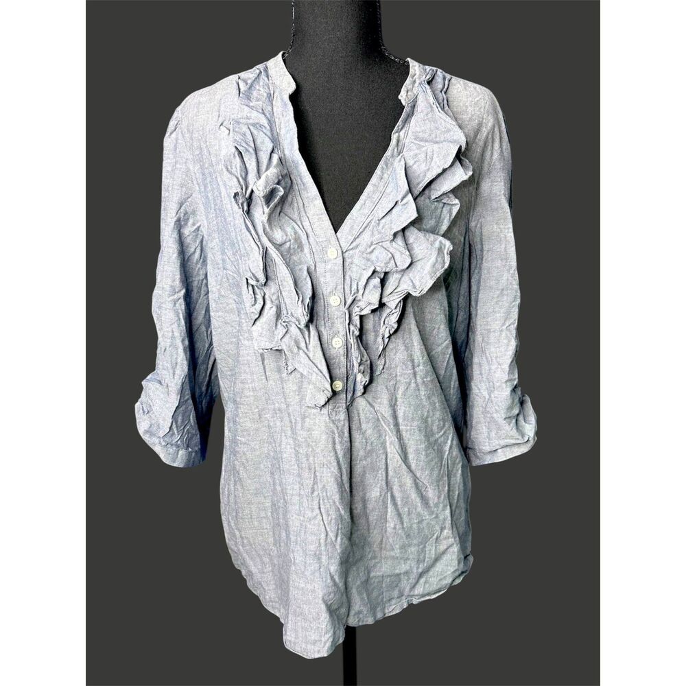 LOFT Womens Denim Ruffle Blouse Sz L Country Western Americana Classic Cotton